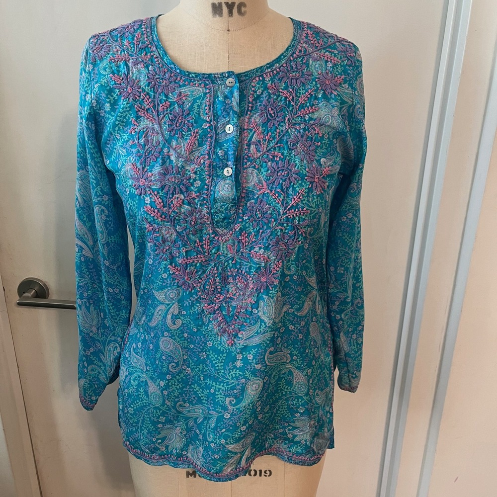 L' HABILLEUR Silk Embroidered Tunic Top Teal Paisley Boho Blouse Size 36 India